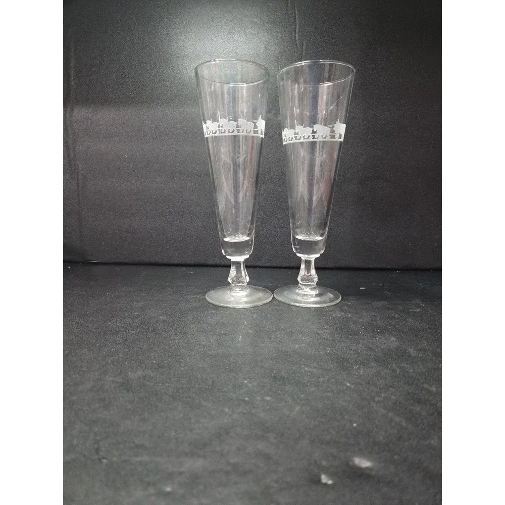 Anheuser Busch Glass Pilsners, Set of 2, Clydesdales Wagon Etched, Beer‎ Glasses